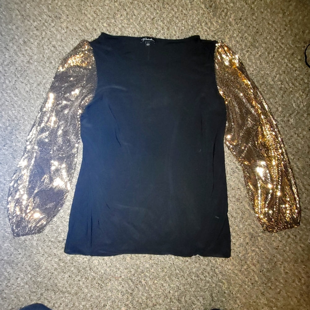 Prelude black long sleeve top with gold sequin sleeves size large